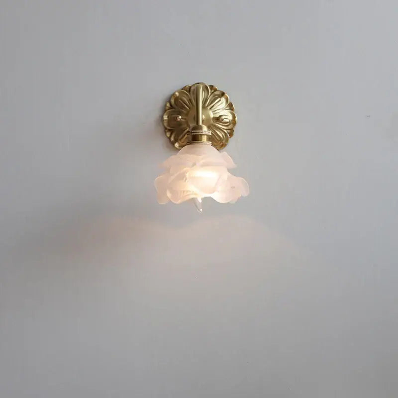 Antique brass pink rose frosted glass wall lamp bedroom sconce