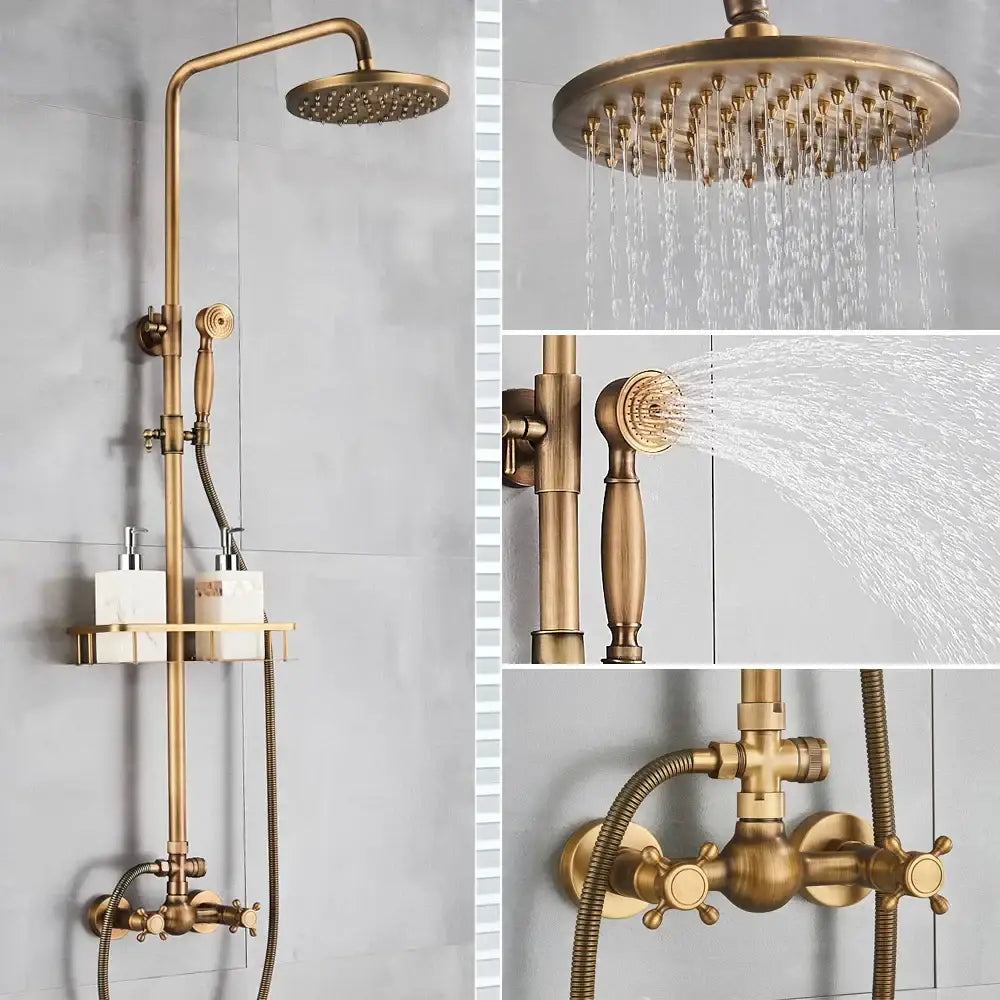 Antique brass shower set with ceramic hand sprayer bathroom fixture