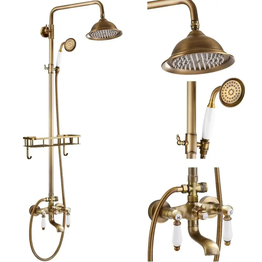 Antique brass shower set with ceramic hand sprayer bathroom fixture