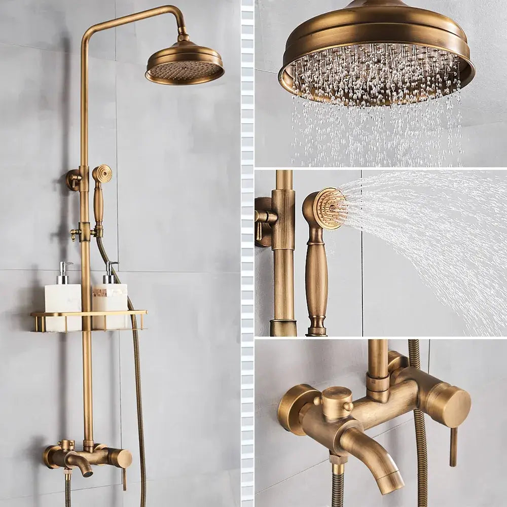 Antique brass shower set with ceramic hand sprayer bathroom fixture