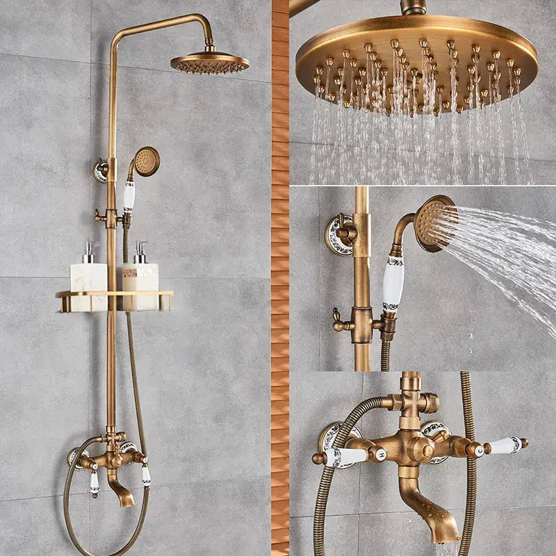 Antique brass shower set with ceramic hand sprayer bathroom fixture