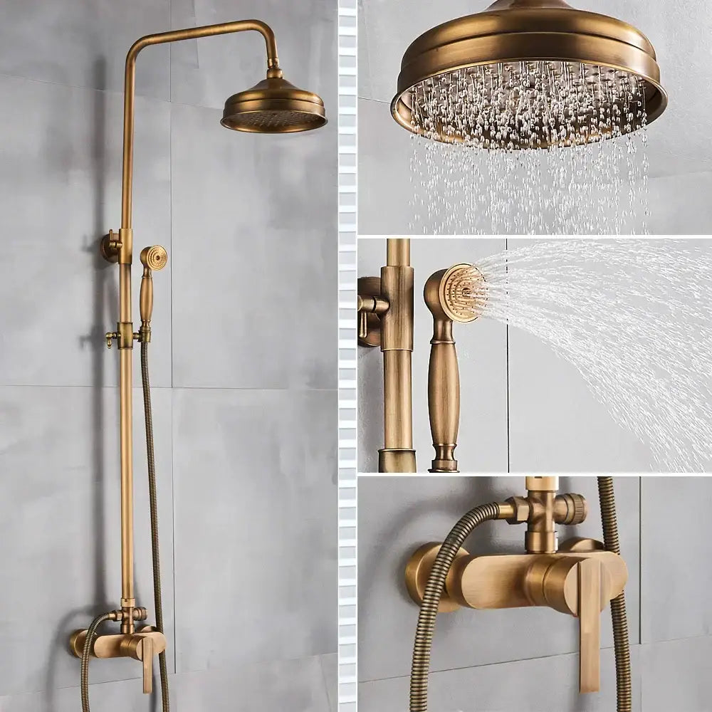 Antique brass shower set with ceramic hand sprayer bathroom fixture