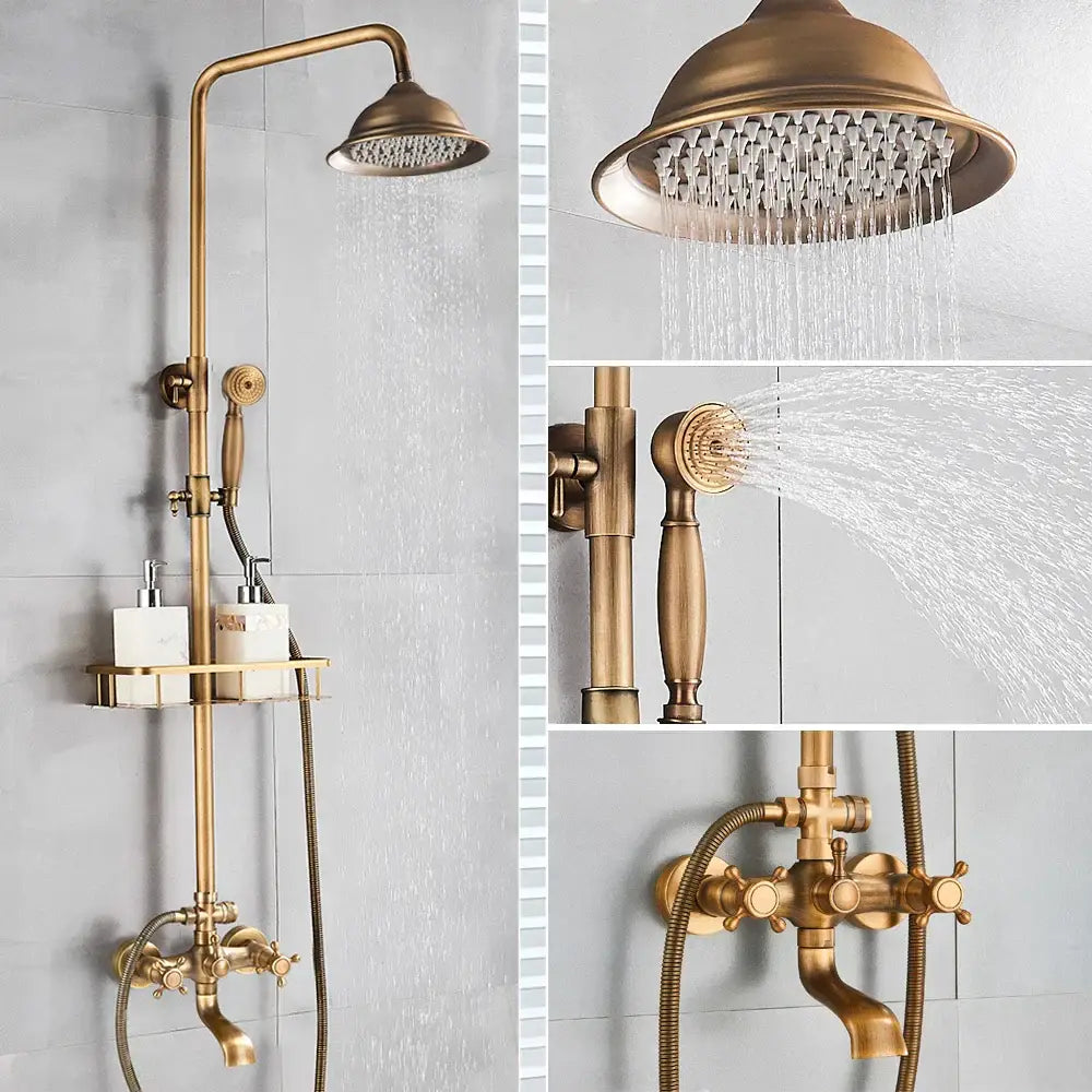Antique brass shower set with ceramic hand sprayer bathroom fixture