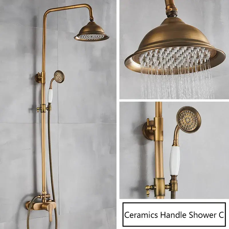 Antique brass shower set with rainhead and handshower – bathroom