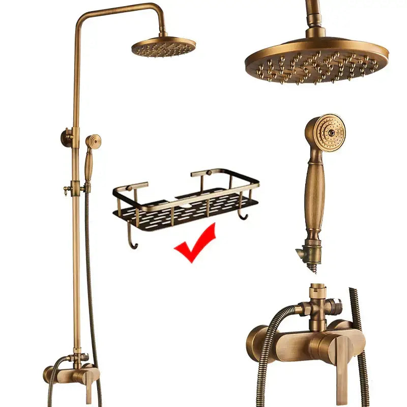 Antique brass shower set with rainhead and handshower – bathroom