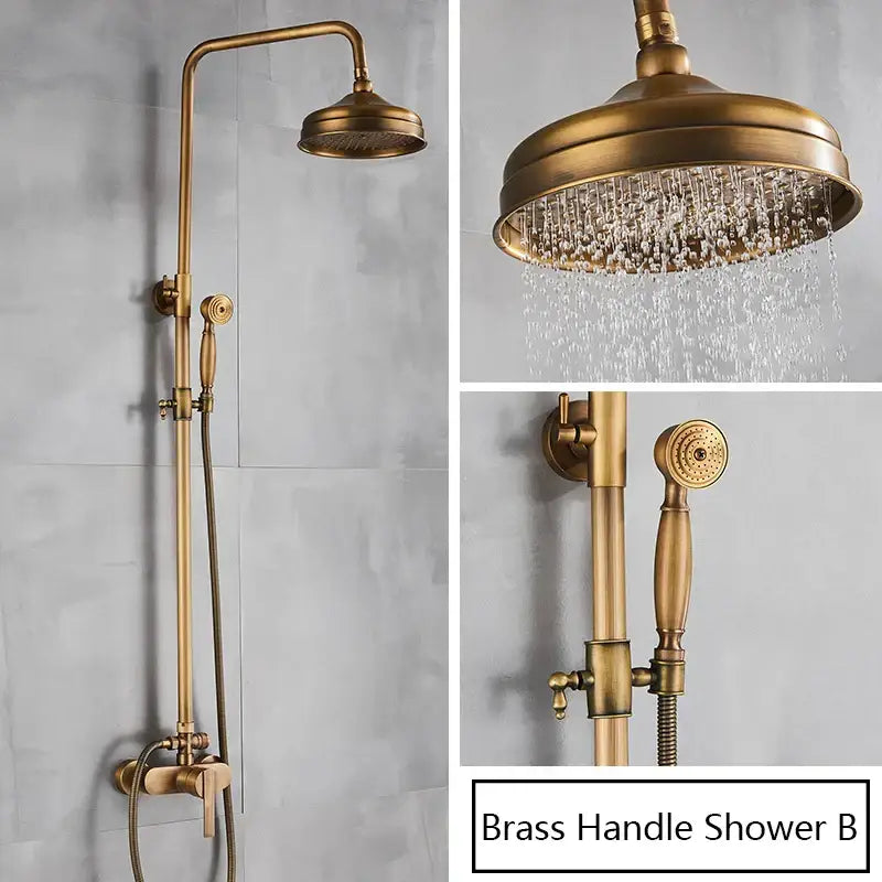 Antique brass shower set with rainhead and handshower – bathroom