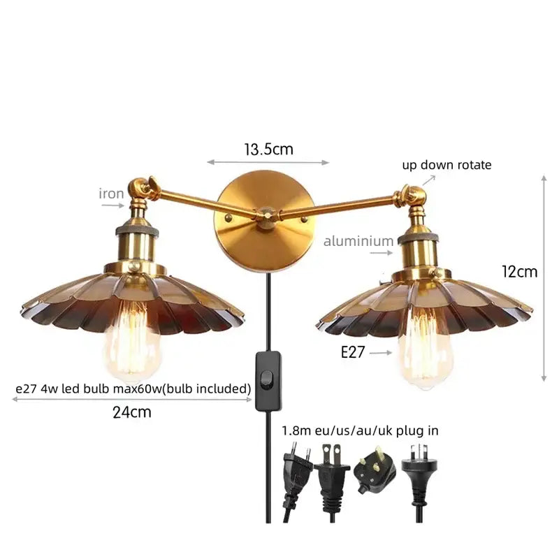 Antique bronze adjustable rustic led wall lamp bedroom sconce
