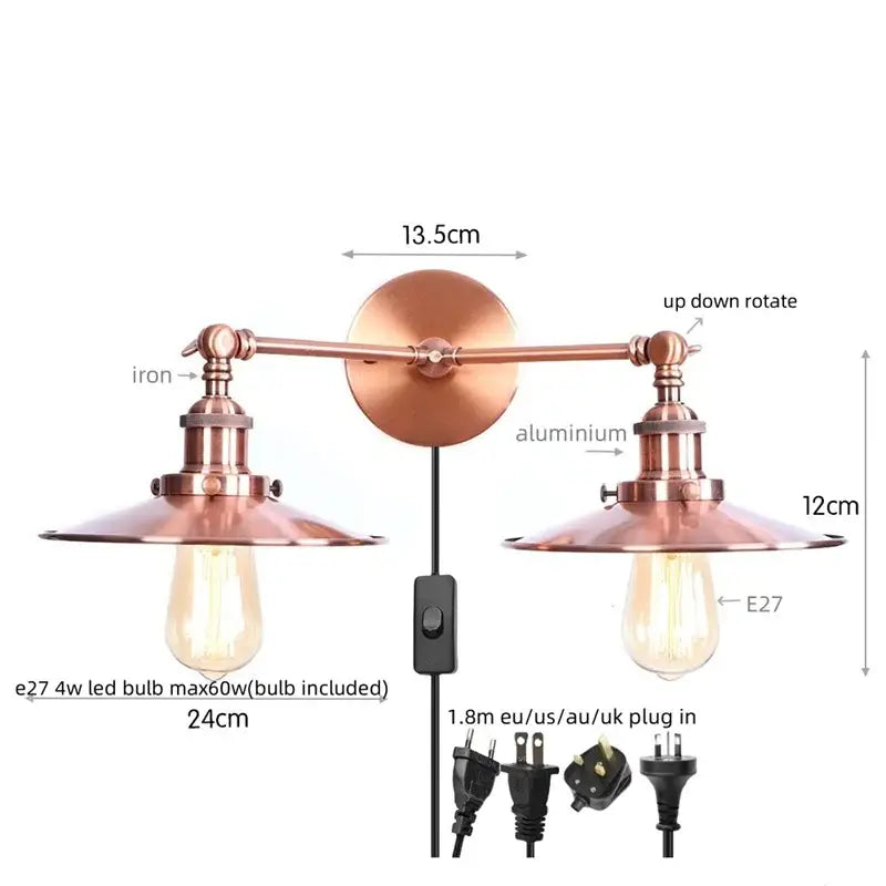 Antique bronze adjustable rustic led wall lamp bedroom sconce