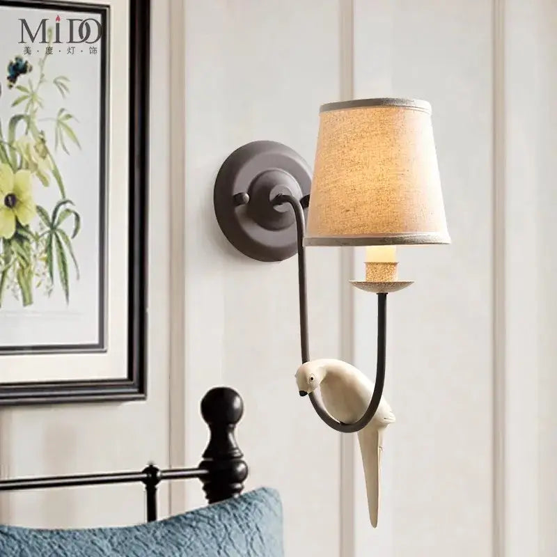 Antique bronze and cream ceramic bird wall lamp bedroom sconce