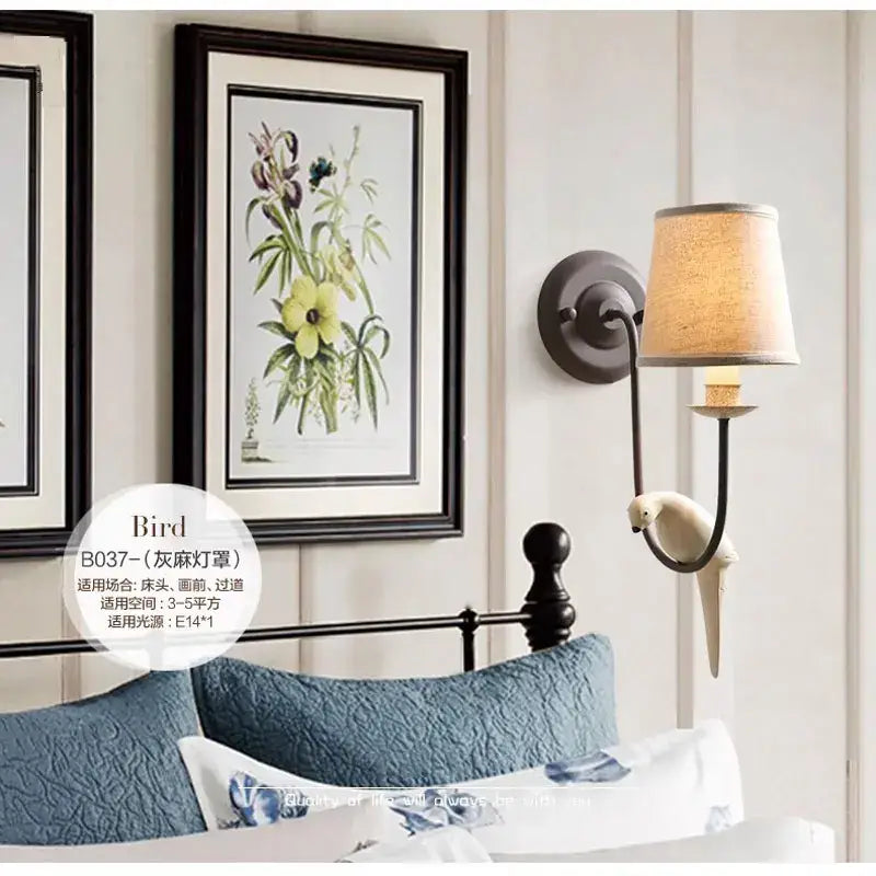 Antique bronze and cream ceramic bird wall lamp bedroom sconce