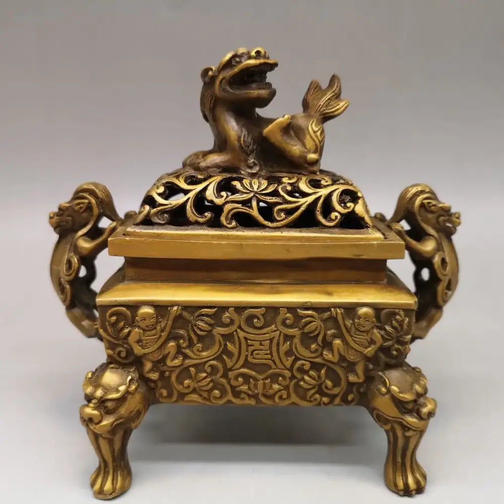 Antique bronze double dragon lion incense burner living room ornament