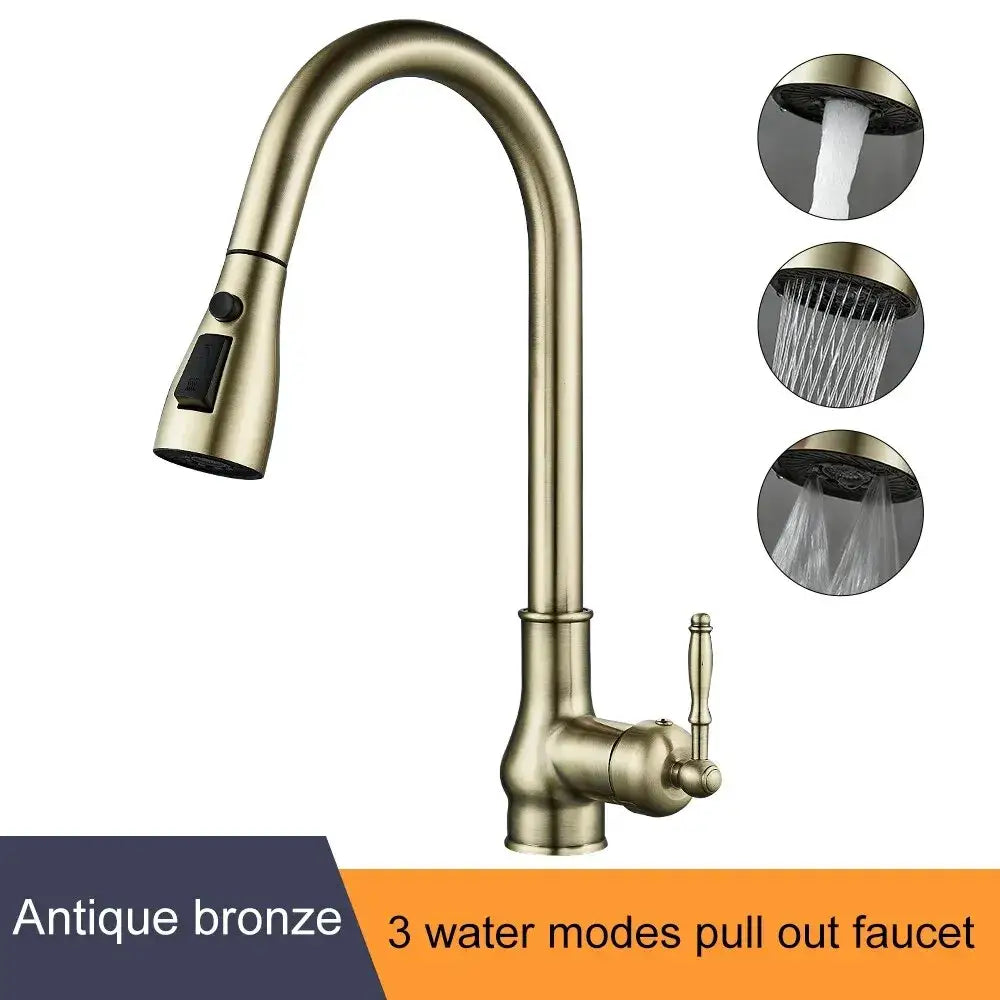 Antique bronze kitchen faucet with pull down spray head