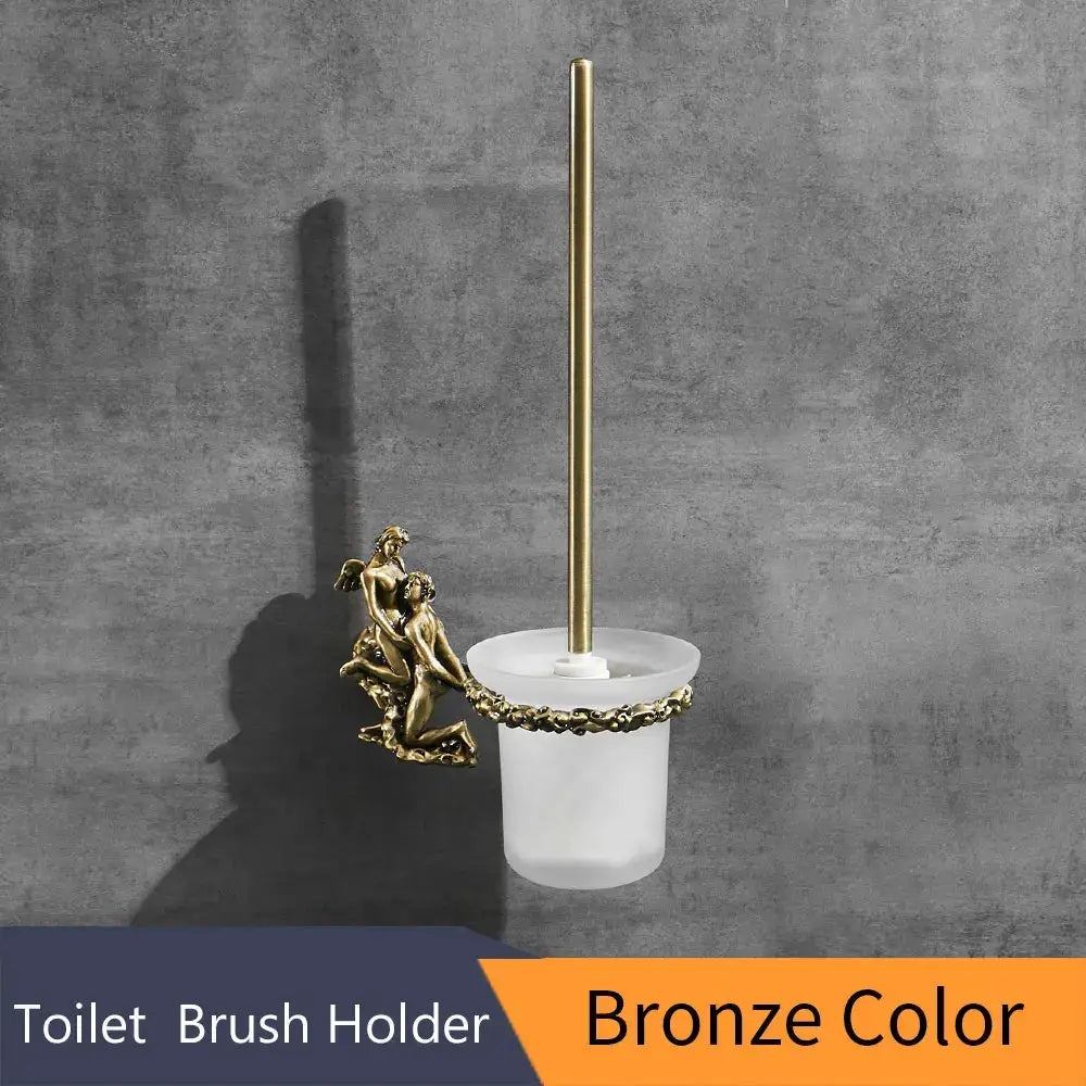 Antique cherub gold & silver toilet brush holder bathroom set