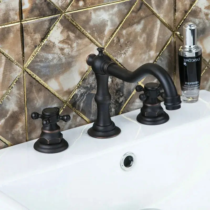 Antique chrome & black dual handle basin faucet bathroom curved spout