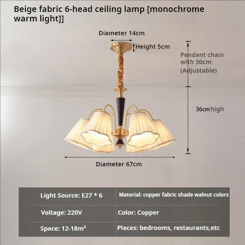 Antique copper chandelier with pleated shades for dining room
