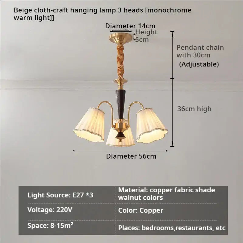 Antique copper chandelier with pleated shades for dining room