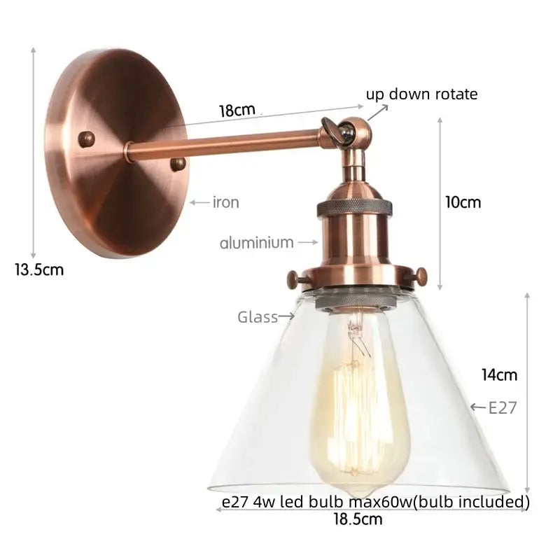 Antique copper industrial clear glass wall lamp bedroom sconce