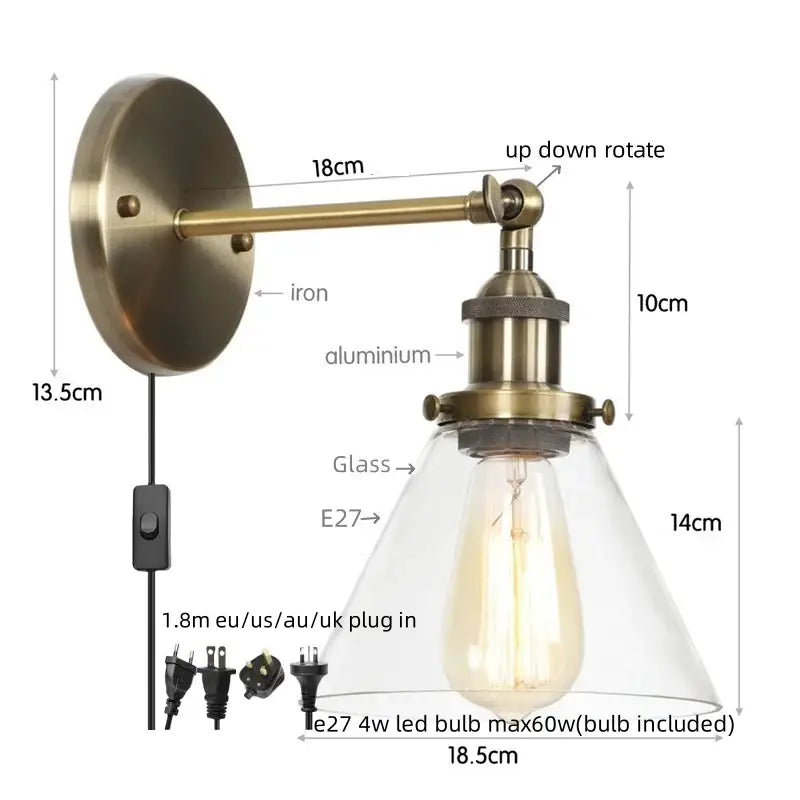 Antique copper industrial clear glass wall lamp bedroom sconce