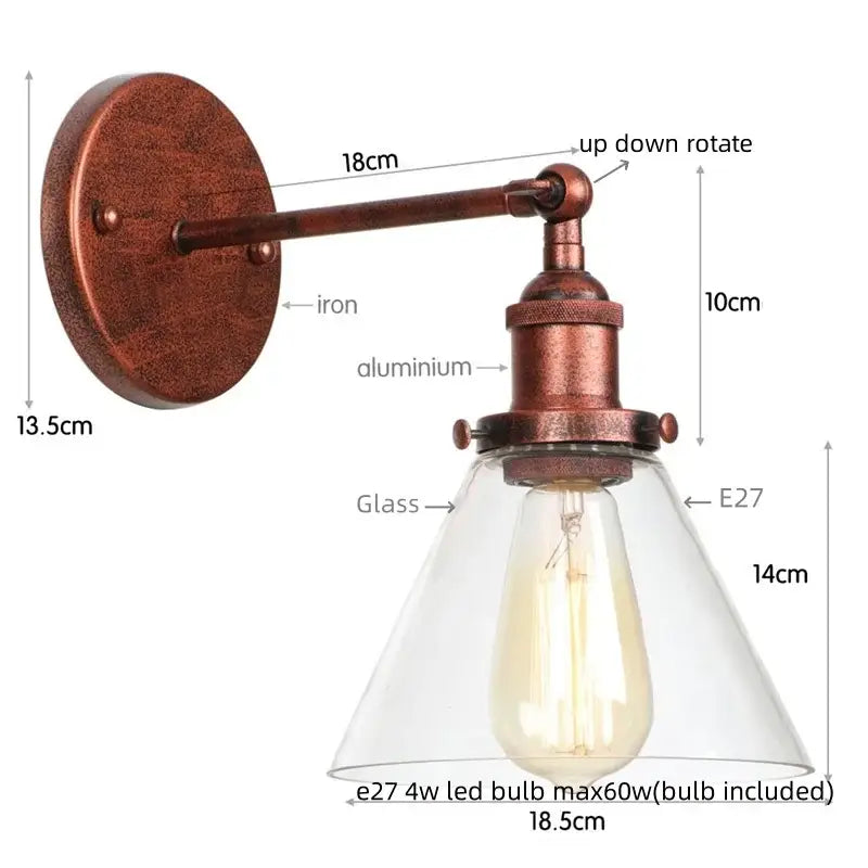 Antique copper industrial clear glass wall lamp bedroom sconce