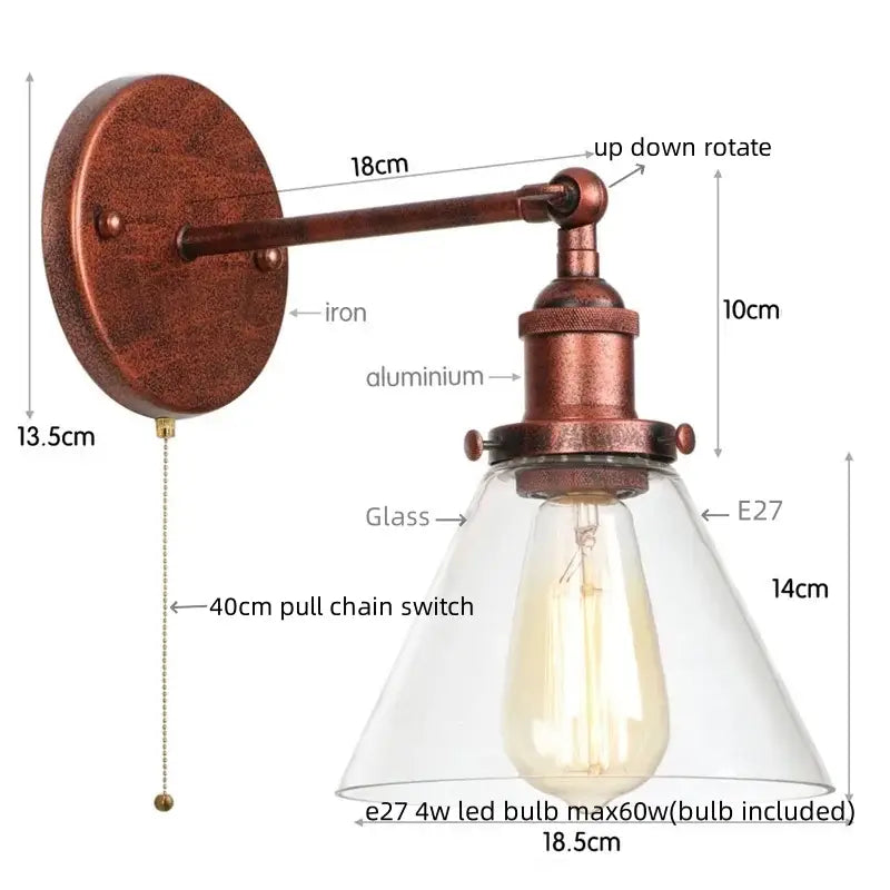 Antique copper industrial clear glass wall lamp bedroom sconce