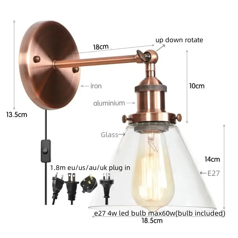 Antique copper industrial clear glass wall lamp bedroom sconce