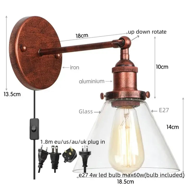 Antique copper industrial clear glass wall lamp bedroom sconce