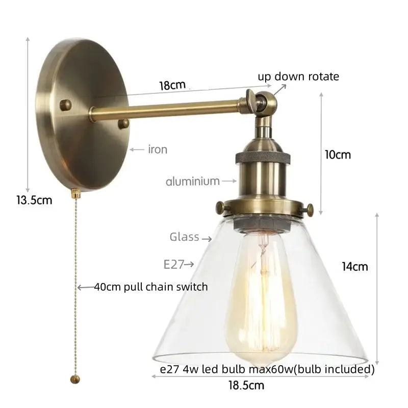 Antique copper industrial clear glass wall lamp bedroom sconce