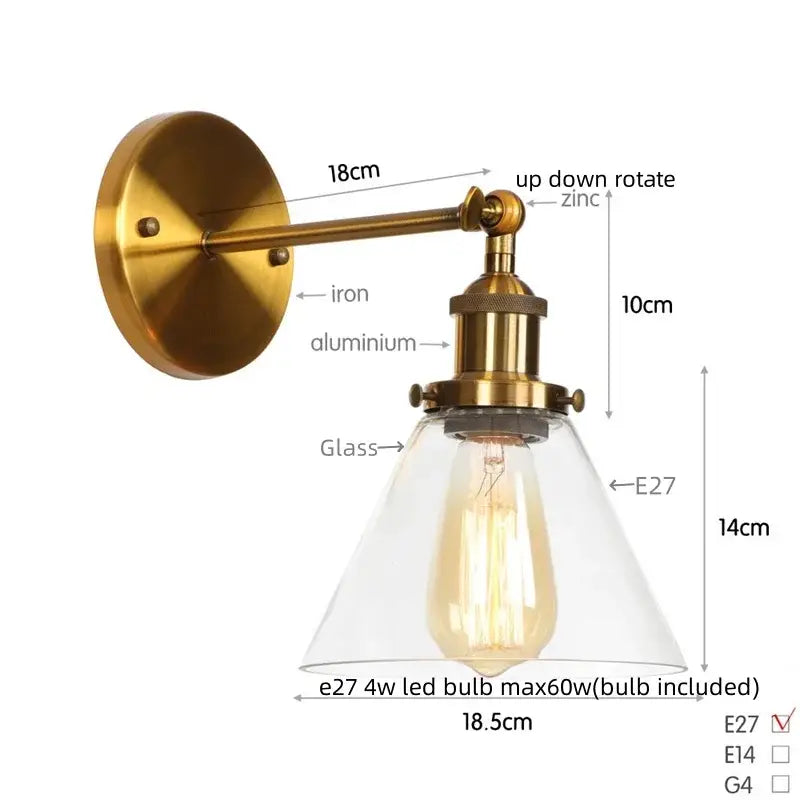 Antique copper industrial clear glass wall lamp bedroom sconce