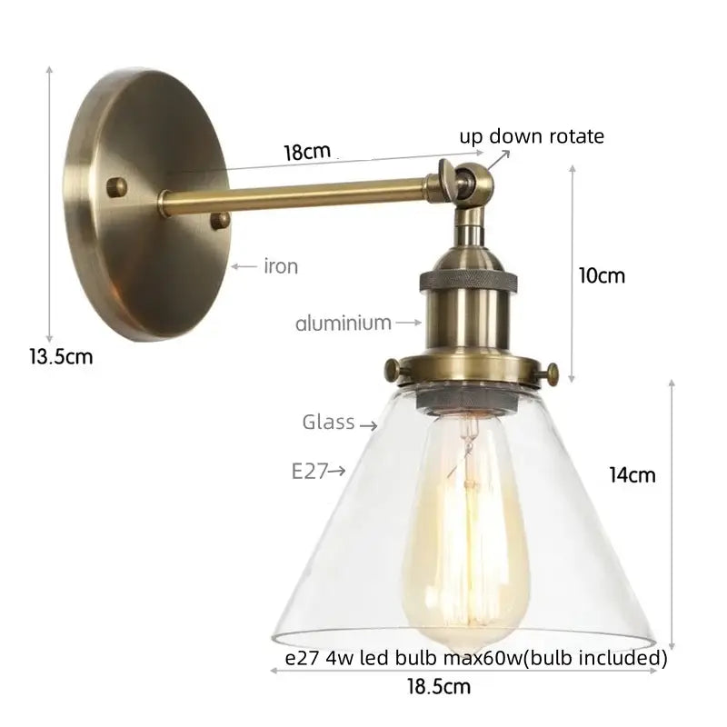Antique copper industrial clear glass wall lamp bedroom sconce