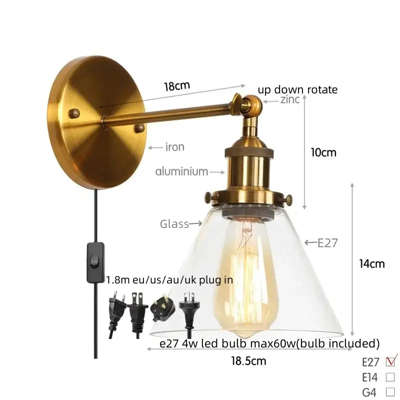 Antique copper industrial clear glass wall lamp bedroom sconce