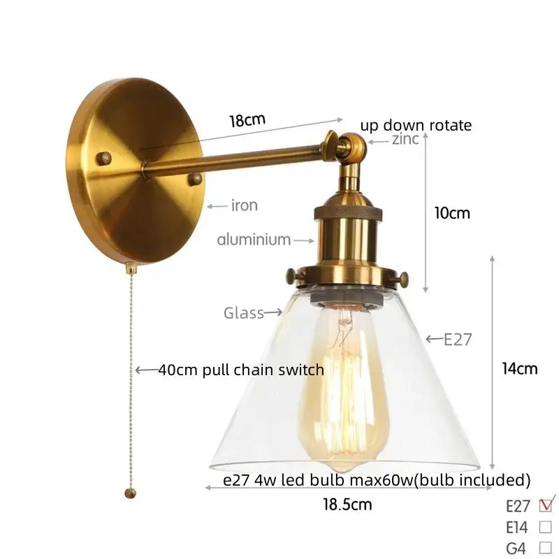 Antique copper industrial clear glass wall lamp bedroom sconce