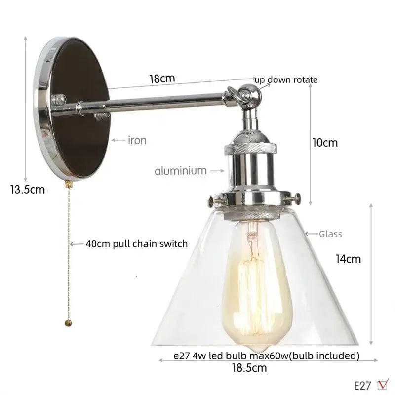 Antique copper industrial clear glass wall lamp bedroom sconce