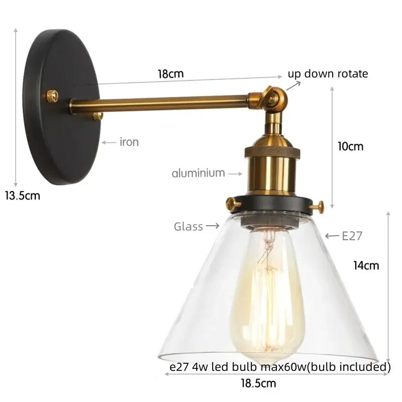 Antique copper industrial clear glass wall lamp bedroom sconce