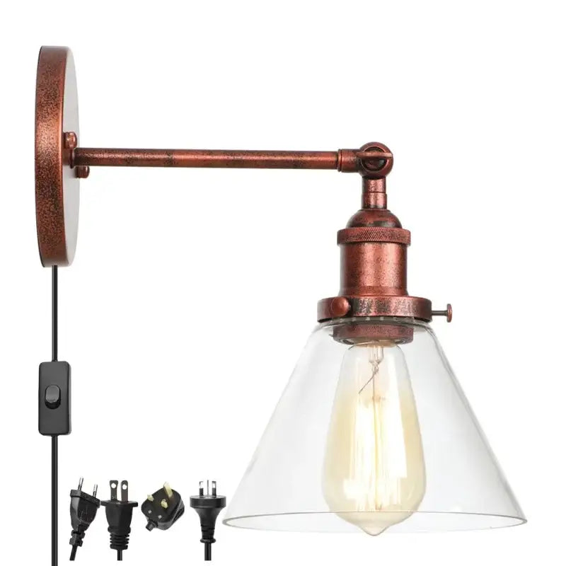 Antique copper industrial clear glass wall lamp bedroom sconce