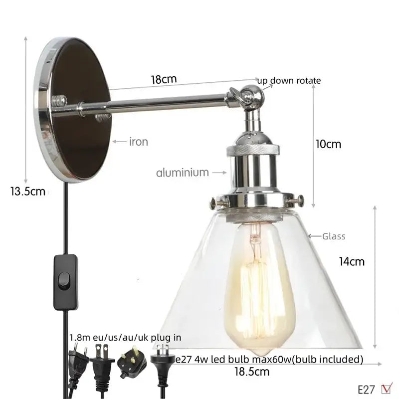 Antique copper industrial clear glass wall lamp bedroom sconce
