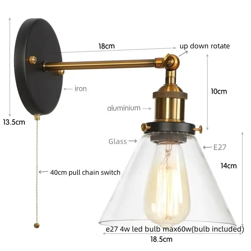 Antique copper industrial clear glass wall lamp bedroom sconce