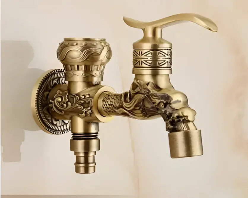 Antique dragon carved brass single cold tap garden faucet