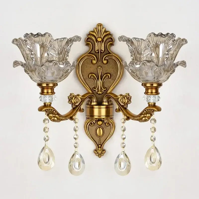 Antique european brass crystal glass dual head wall lamp bedroom