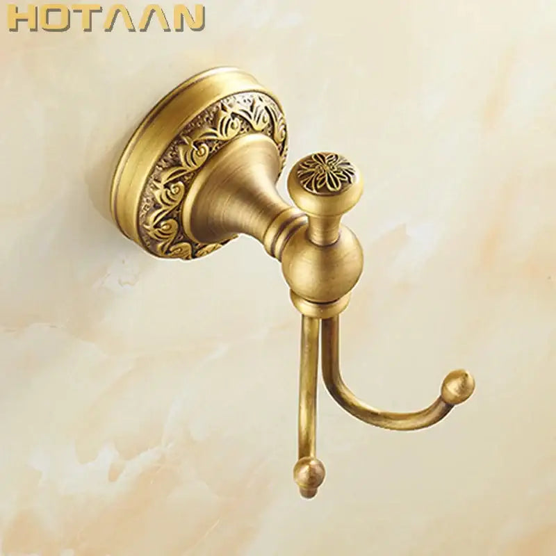 Antique floral brass robe hook bathroom double towel rack