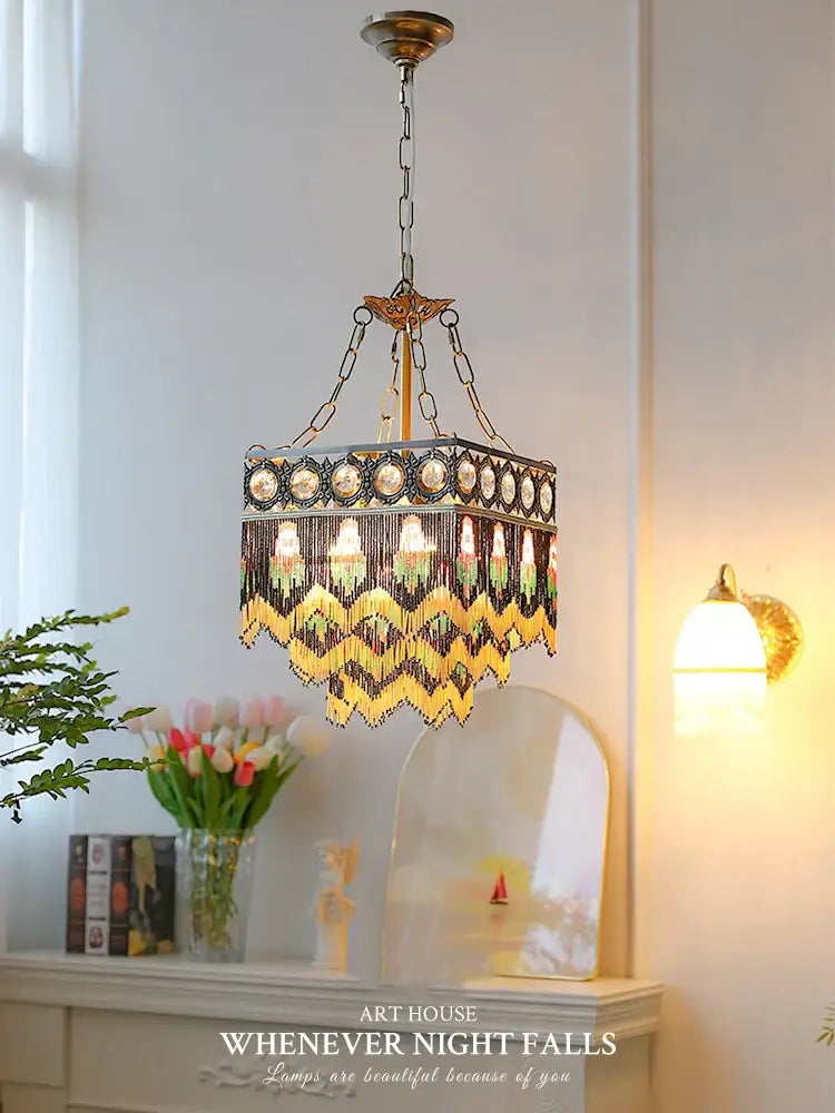 Antique french brass crystal chandelier living room tassel light