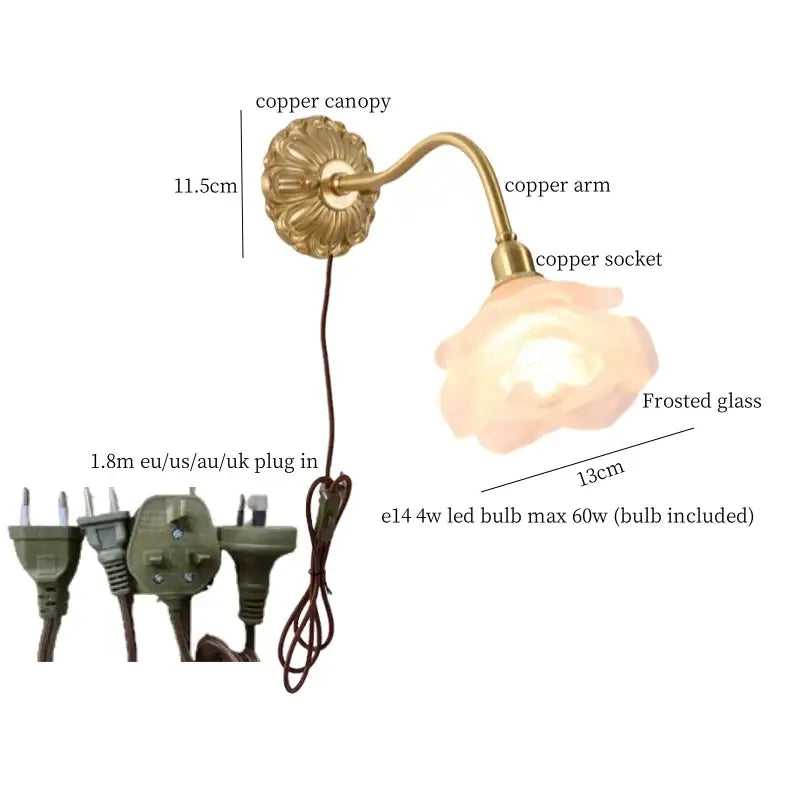 Antique pink rose glass wall lamp bedroom decorbites copper arm