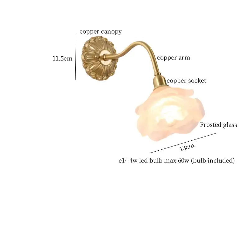 Antique pink rose glass wall lamp bedroom decorbites copper arm