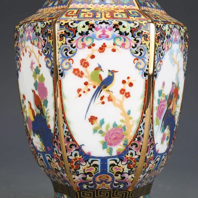 Antique octagonal hand painted porcelain vase living room decor