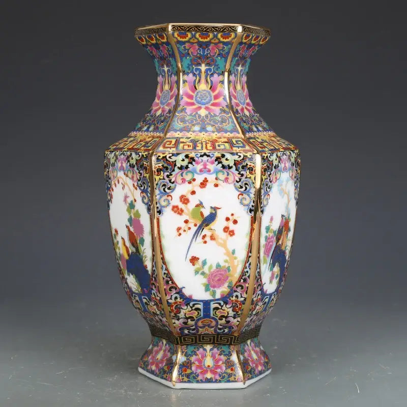 Antique octagonal hand painted porcelain vase living room decor