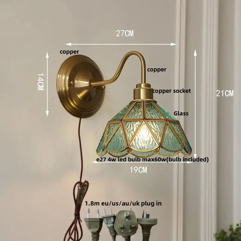 Antique teal glass and brass wall light fixture bedroom sconce