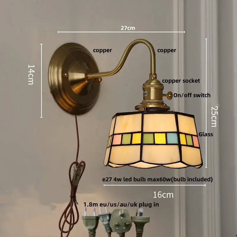 Antique teal glass and brass wall light fixture bedroom sconce
