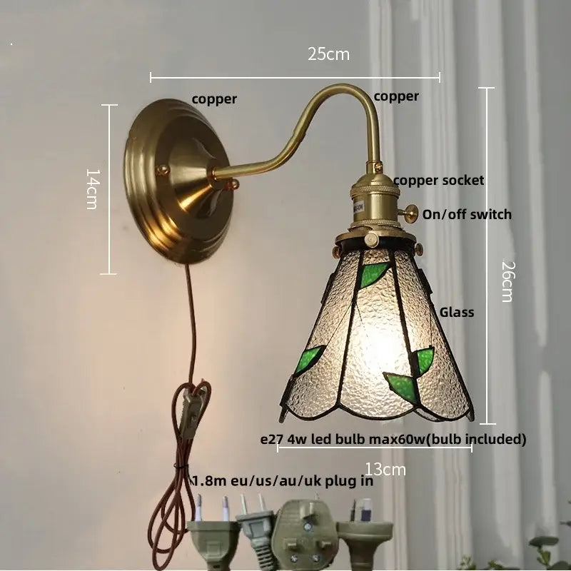 Antique teal glass and brass wall light fixture bedroom sconce