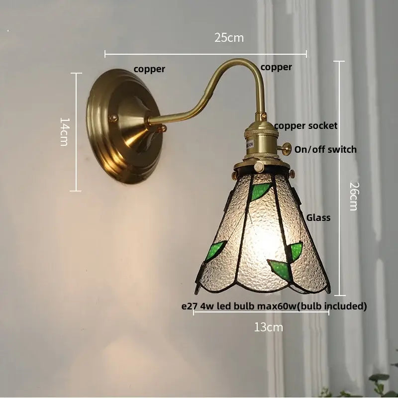 Antique teal glass and brass wall light fixture bedroom sconce