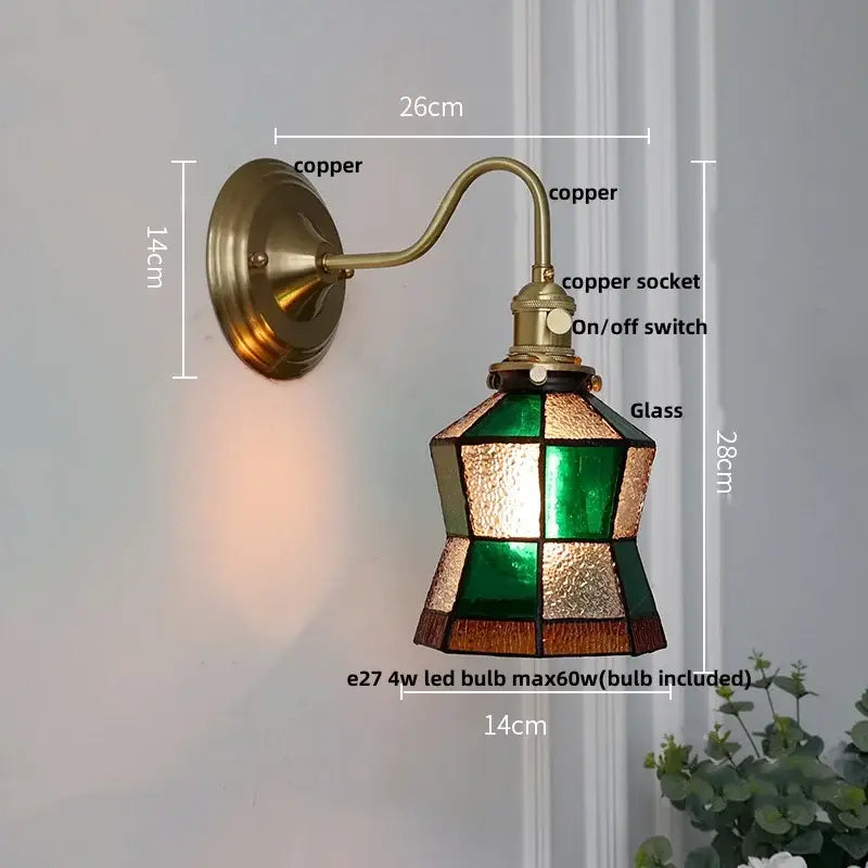 Antique teal glass and brass wall light fixture bedroom sconce
