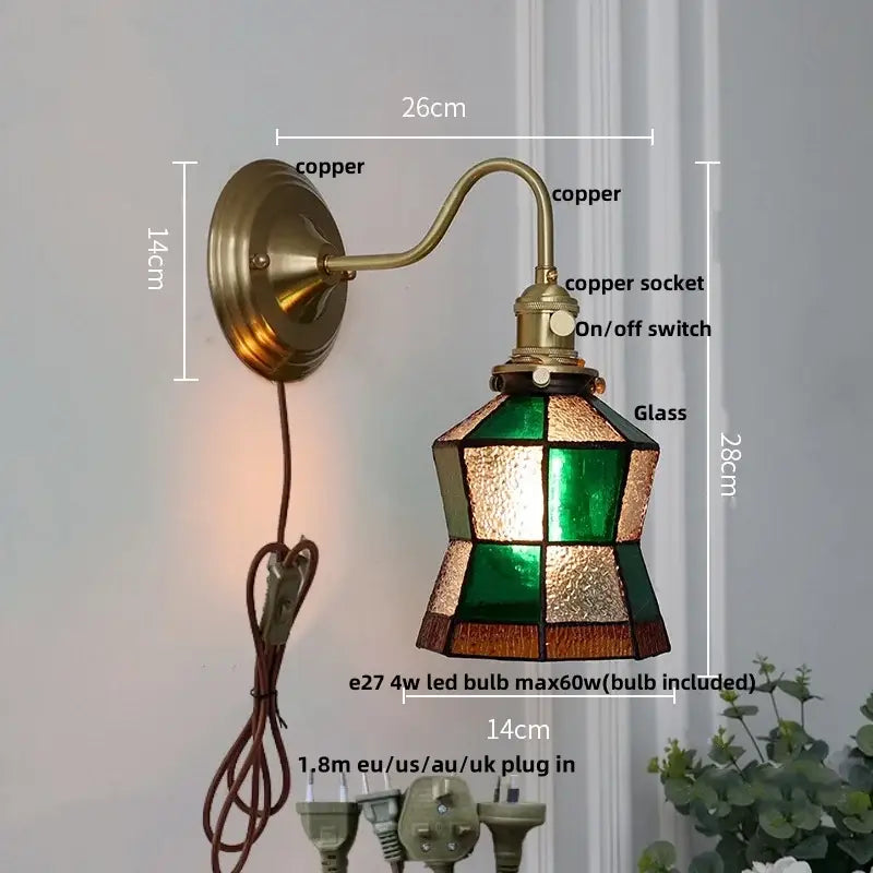 Antique teal glass and brass wall light fixture bedroom sconce